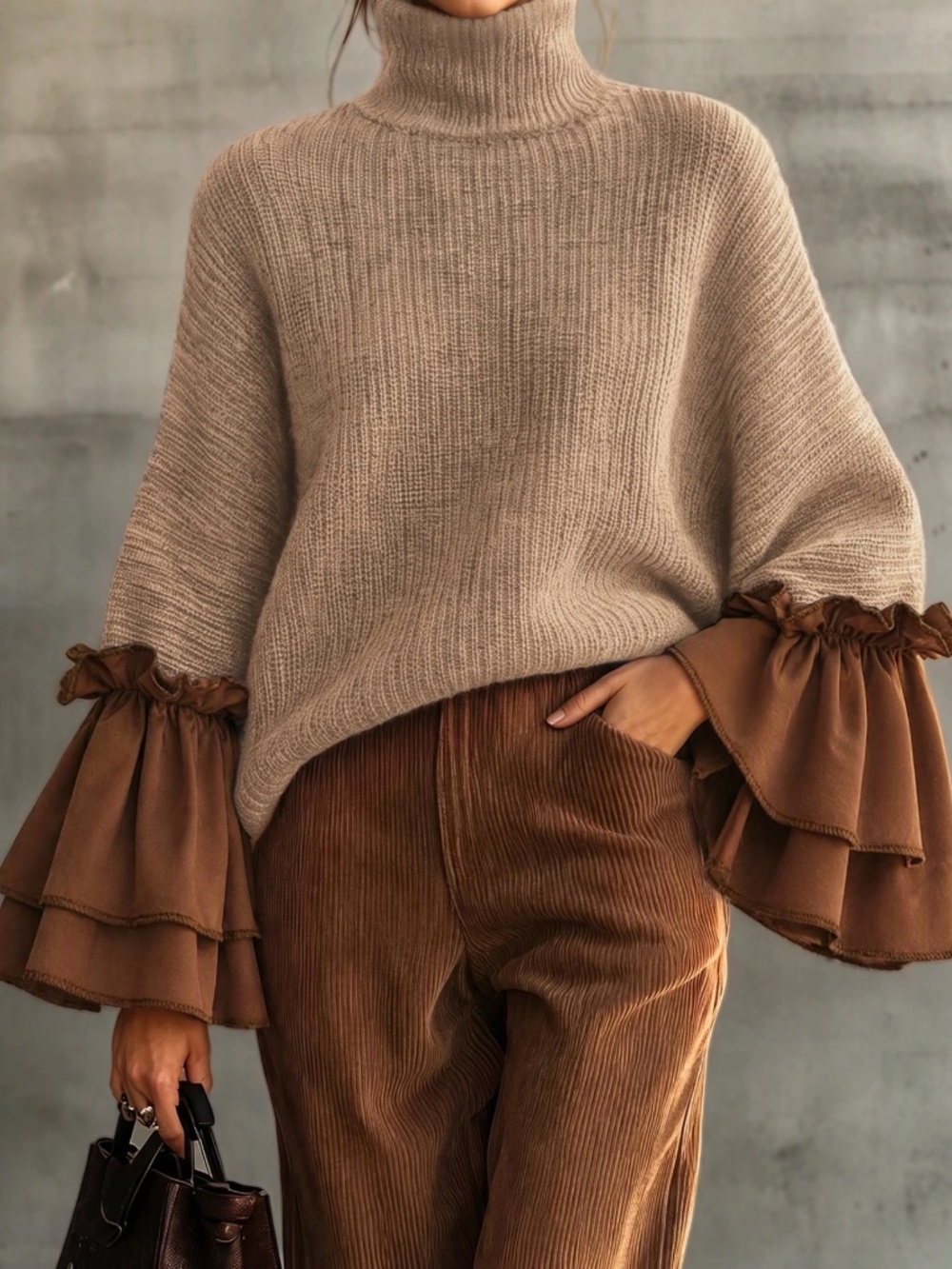 Cozy Solid Turtleneck Ruffle Sleeve Knit Sweater Top